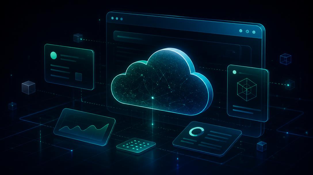 Abstract cloud and browser UI components representing Azure cloud web development