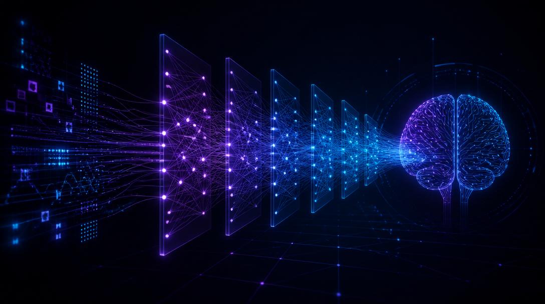 Abstract neural network layers and brain circuit representing custom AI model training